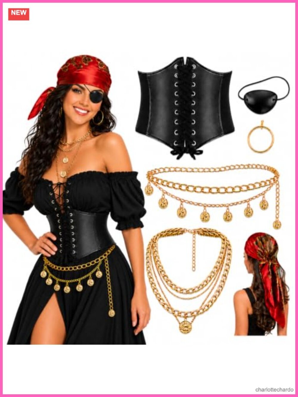 6PCS Pirate Costume Accessories Set Satin Scarf Corset Waist Chain Necklace